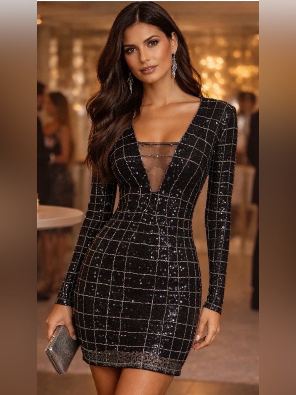 Aidan Mattox Black Sequin Mini Dress Sheer Plunge Long Sleeve Party 0 2 4 6 S